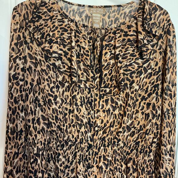 Miss Tina Animal Print Ruffled Long Sleeve Work/Party Semi Sheer Top Plus 2X - Picture 4 of 9